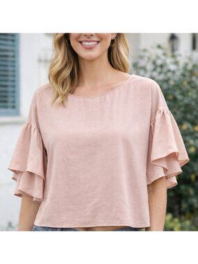 Amanda Uprichard Blush Pink Blouse Ruffle Short Sleeve Top Size Small
